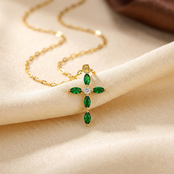 Angélica Green Stone Cross Necklace | Gold