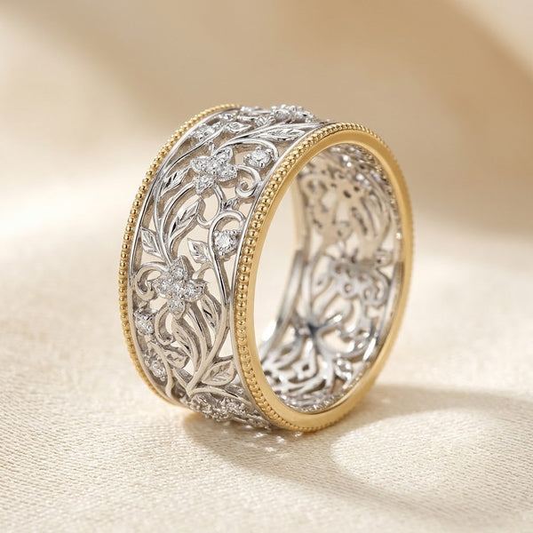 Bernadete Wide Openwork Floral Band Ring | Gold & Silver