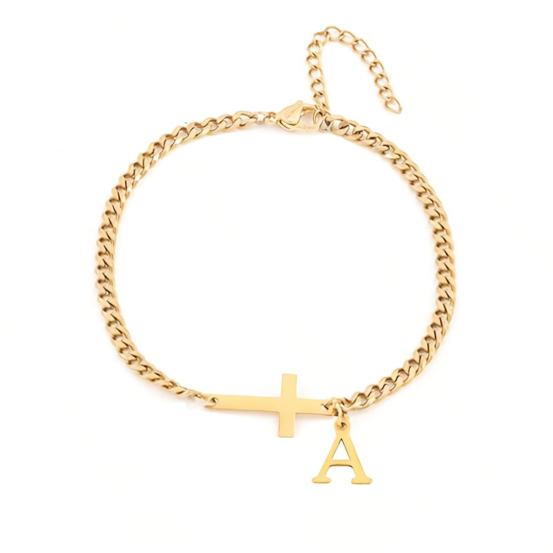 Pulseira Dora Corrente Cruz e Letra | Dourado