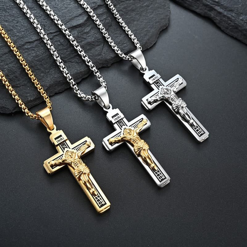 Colar Crucifixo em Aço Titânio Vintage Dourado