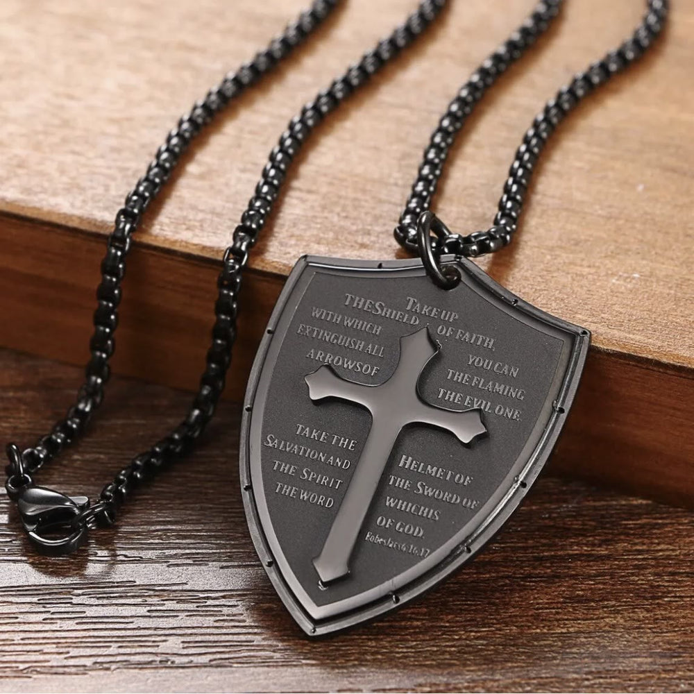Colar Pai Nosso com Escudo em Aço Inoxidável Clássico