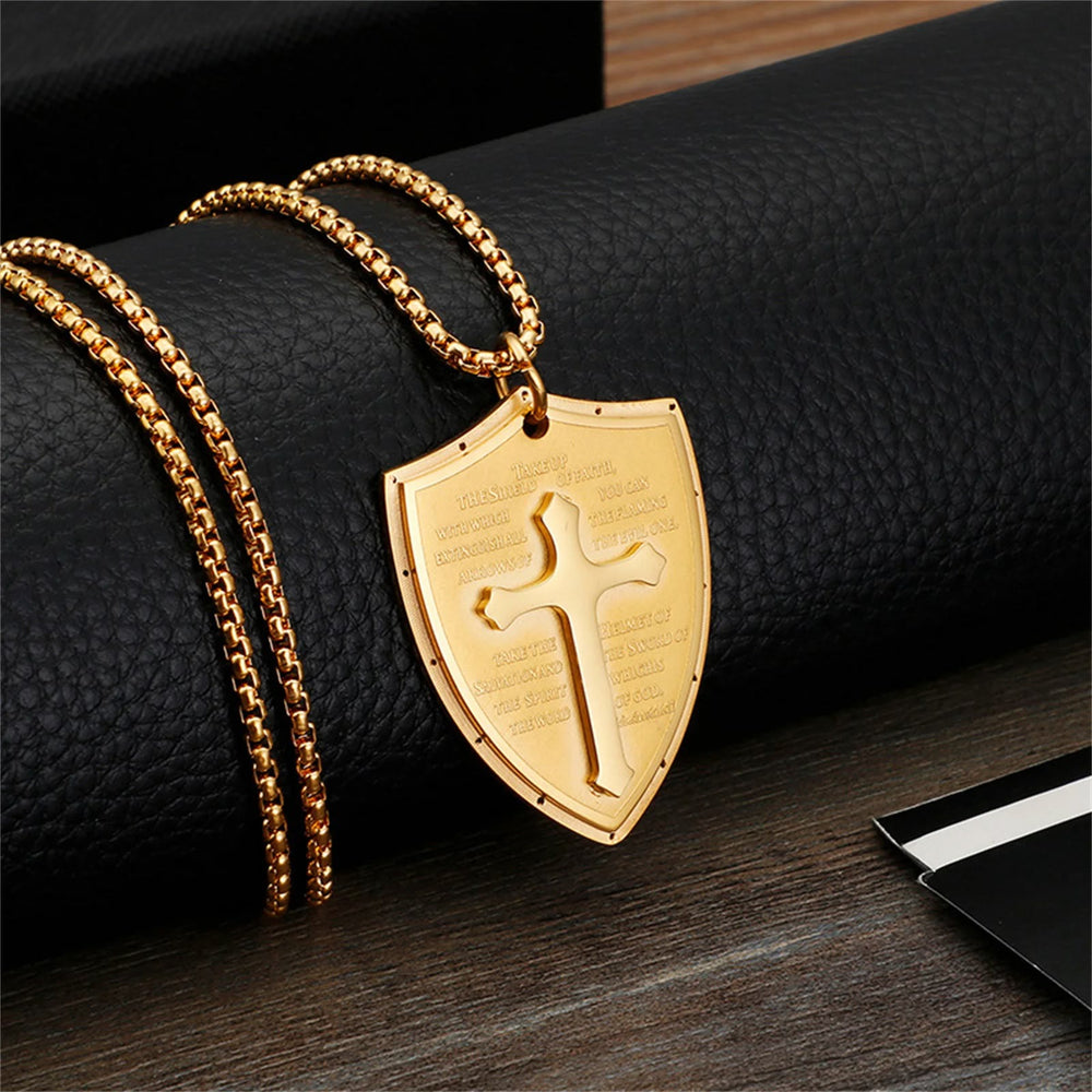 Colar Pai Nosso com Escudo em Aço Inoxidável Clássico