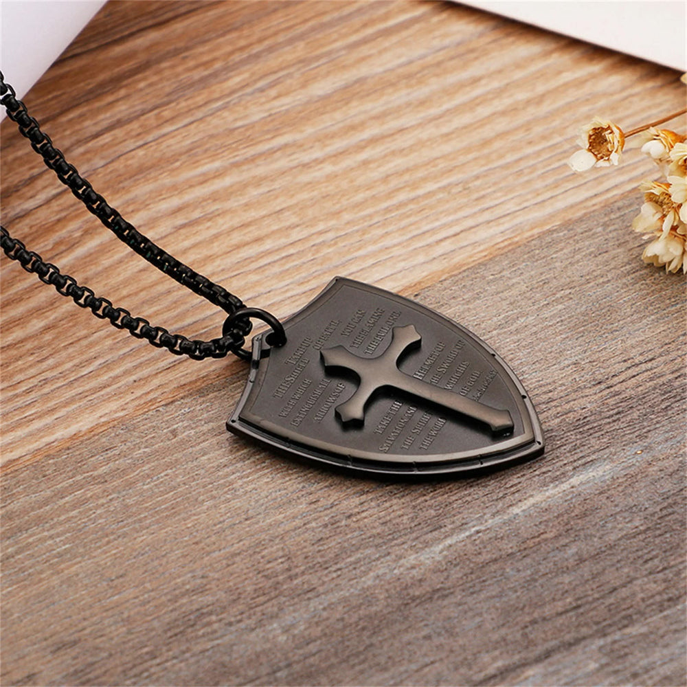 Colar Pai Nosso com Escudo em Aço Inoxidável Clássico