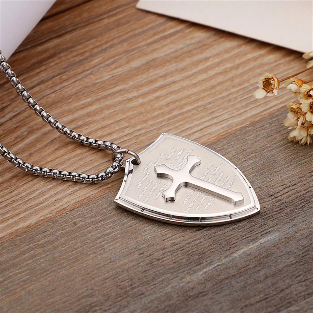 Colar Pai Nosso com Escudo em Aço Inoxidável Clássico