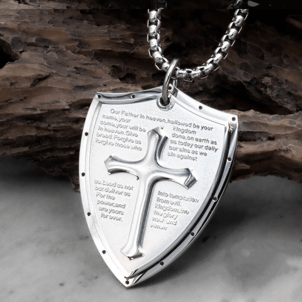 Colar Pai Nosso com Escudo em Aço Inoxidável Clássico