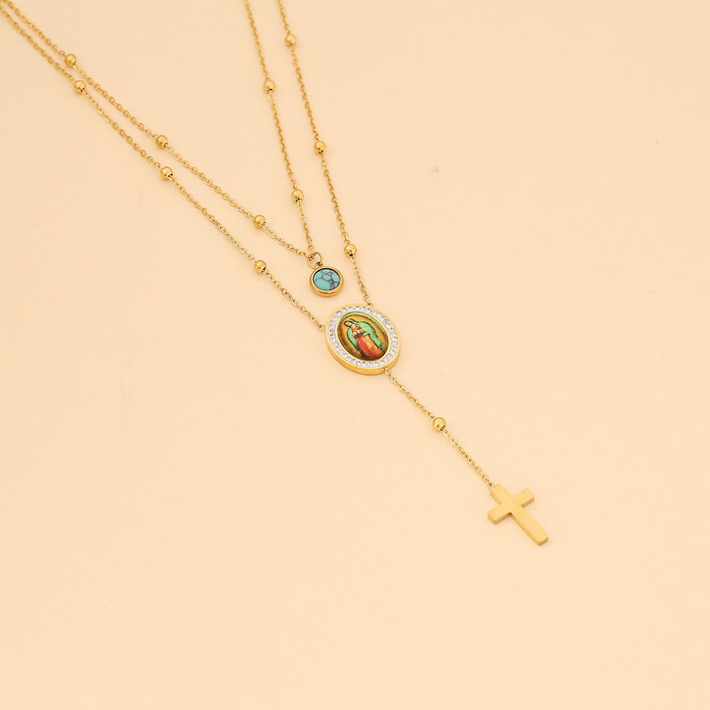 Minimalist Style Double Layered Our Lady of Guadalupe Turquoise Cross Necklace