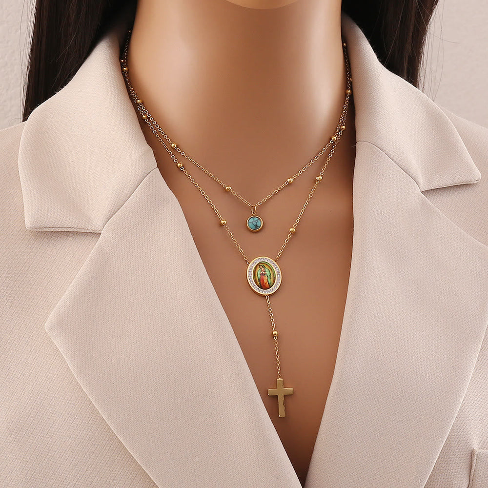 Minimalist Style Double Layered Our Lady of Guadalupe Turquoise Cross Necklace