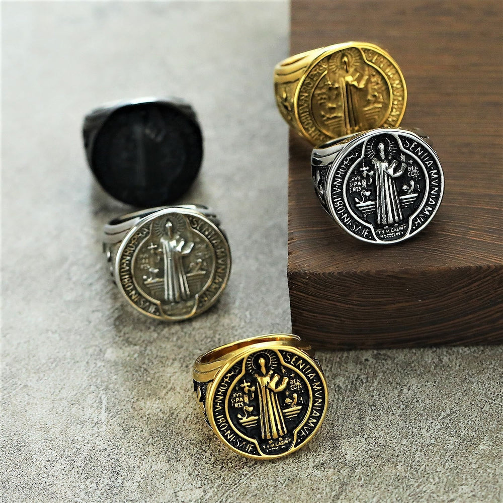 Classic Retro St. Benedict Faith Protection Crafted Titanium Steel Ring