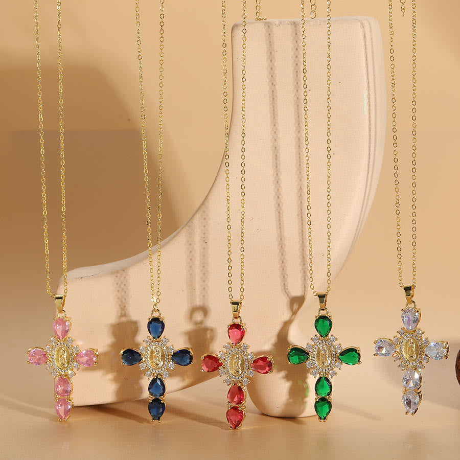 Modern Style Our Lady of Guadalupe Cross Zircon Pendants Necklace