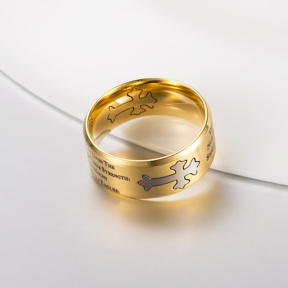 Anel Cruz Gravado Moderno Dourado