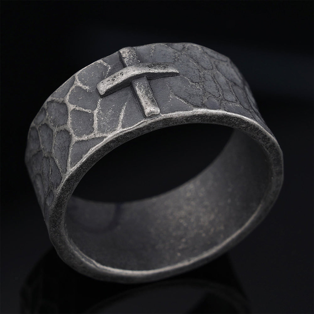 Vintage Style Ancient Texture Forged Stone Cross Ring