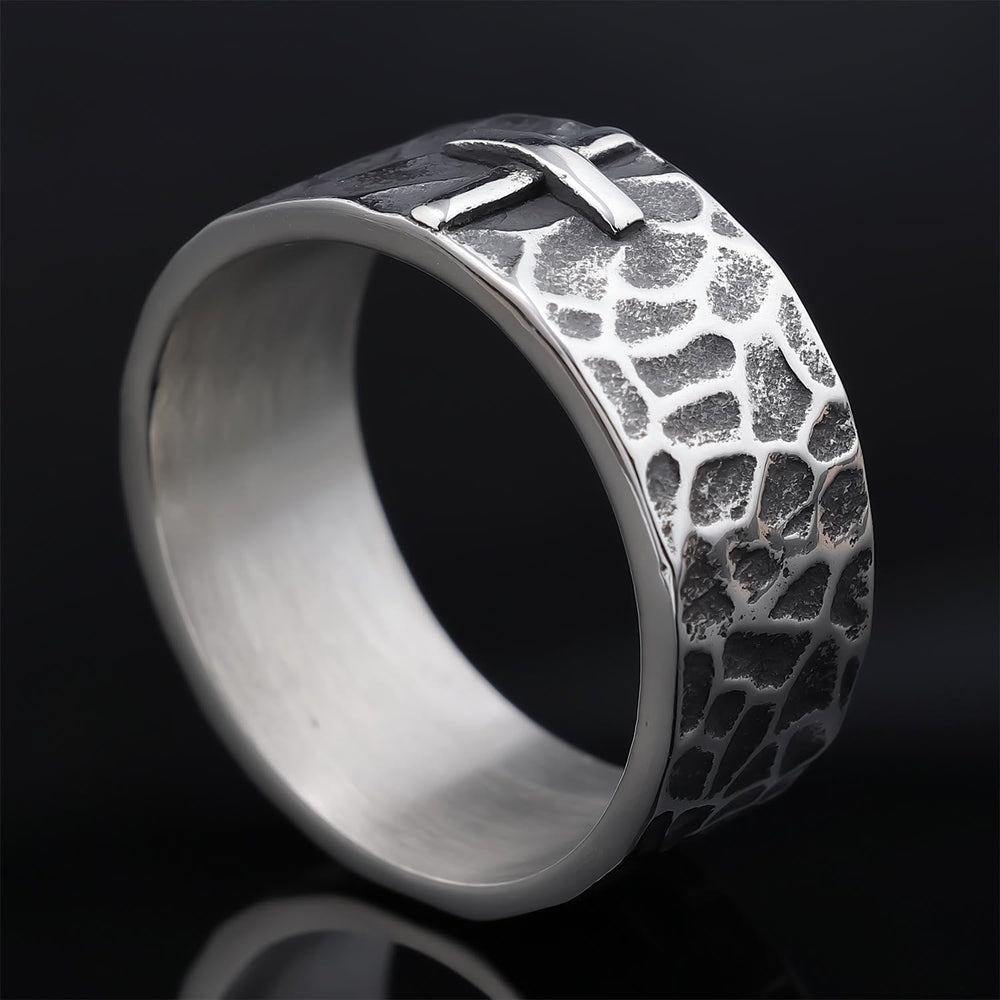 Vintage Style Ancient Texture Forged Stone Cross Ring