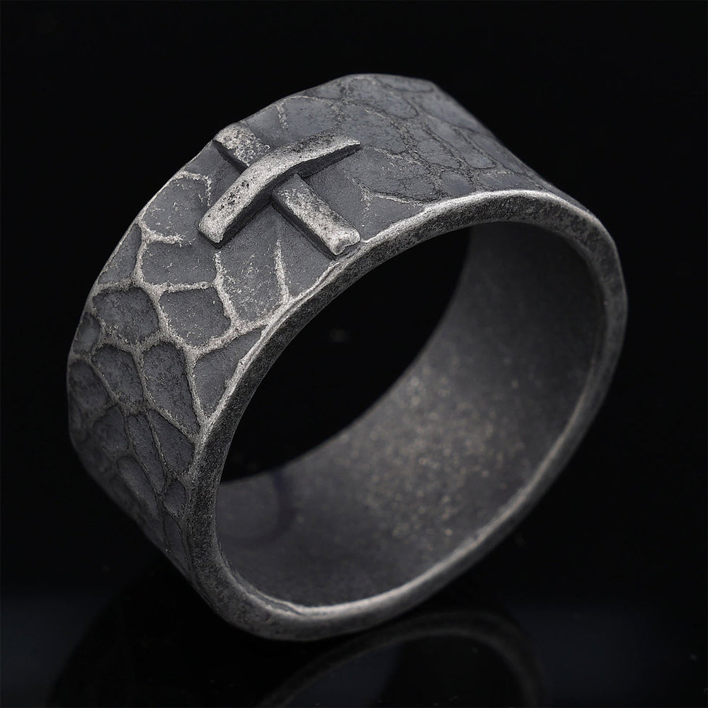 Vintage Style Ancient Texture Forged Stone Cross Ring