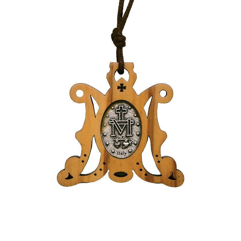 Colar Medalha Milagrosa de Madeira Vintage