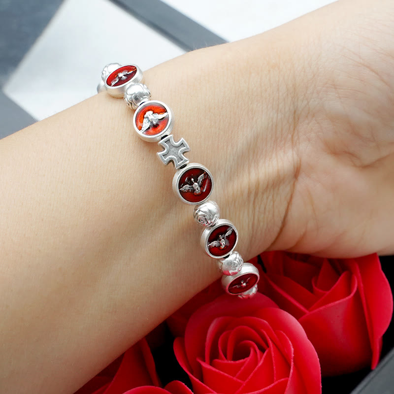 Enamel Holy Spirit with Cross and Rose Beads Bracelet