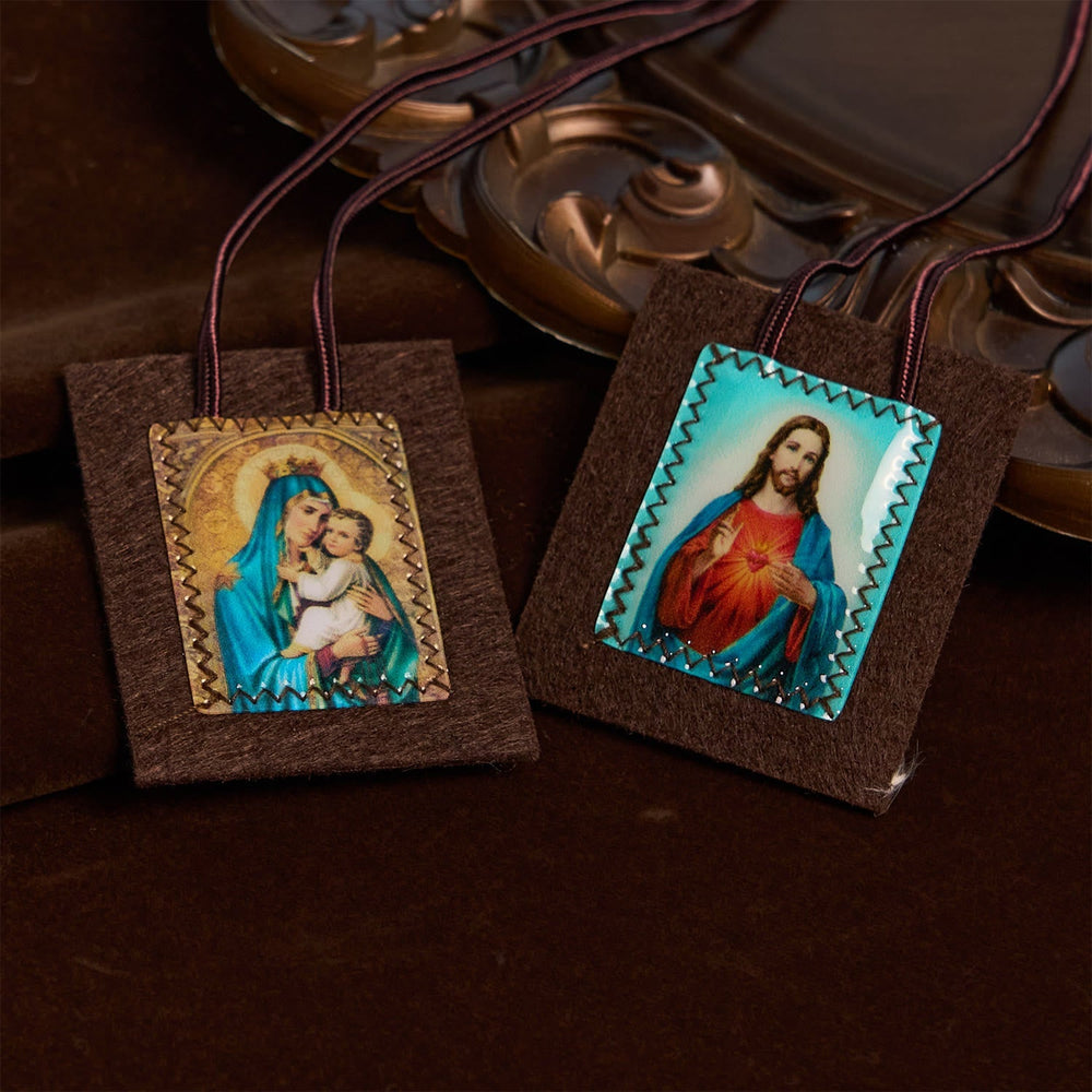 Blessed Brown Wool Scapular of Our Lady of Mt. Carmel & Sacred Heart