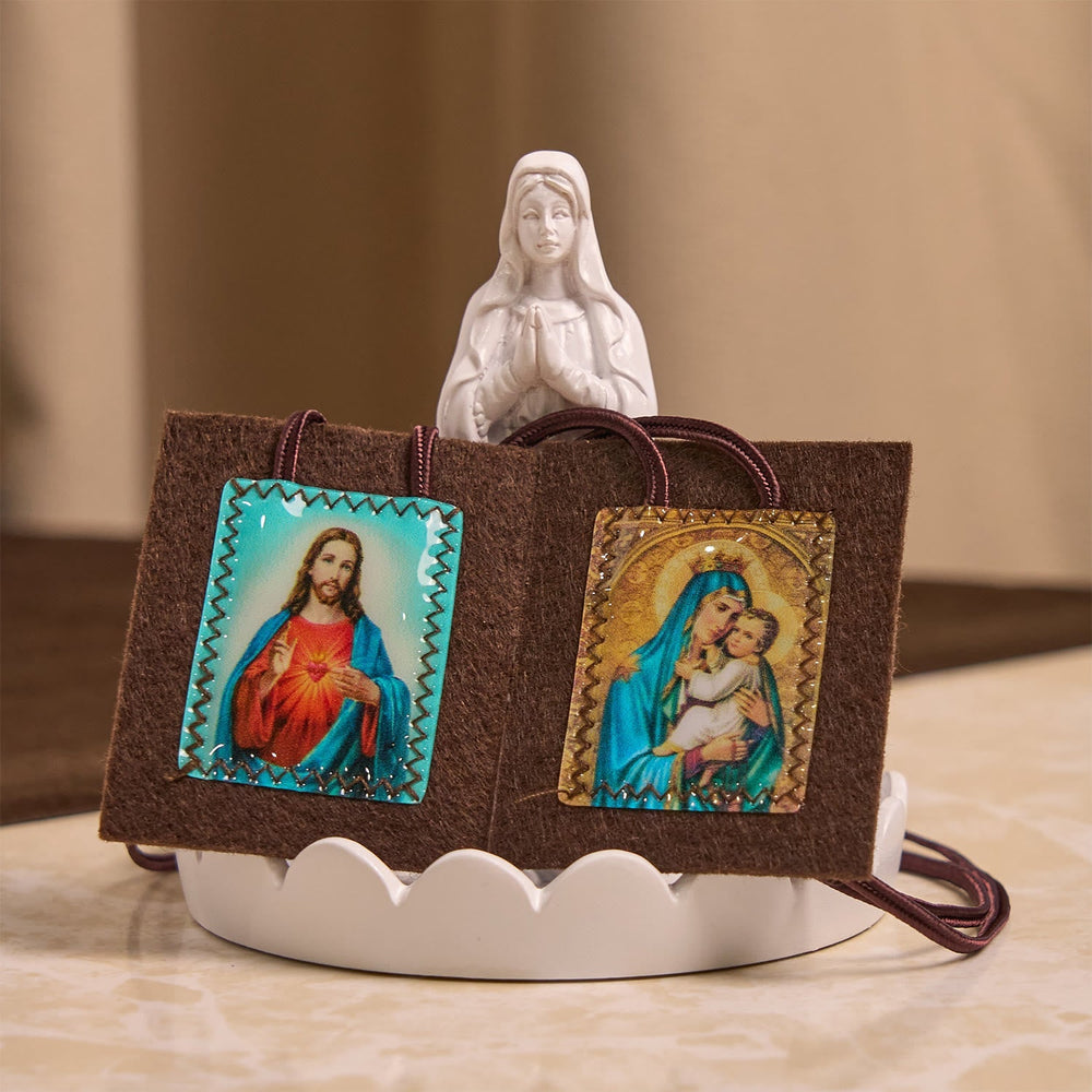 Blessed Brown Wool Scapular of Our Lady of Mt. Carmel & Sacred Heart