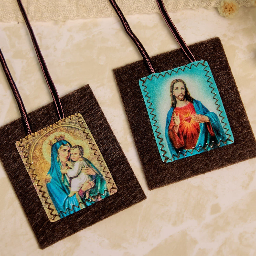 Blessed Brown Wool Scapular of Our Lady of Mt. Carmel & Sacred Heart