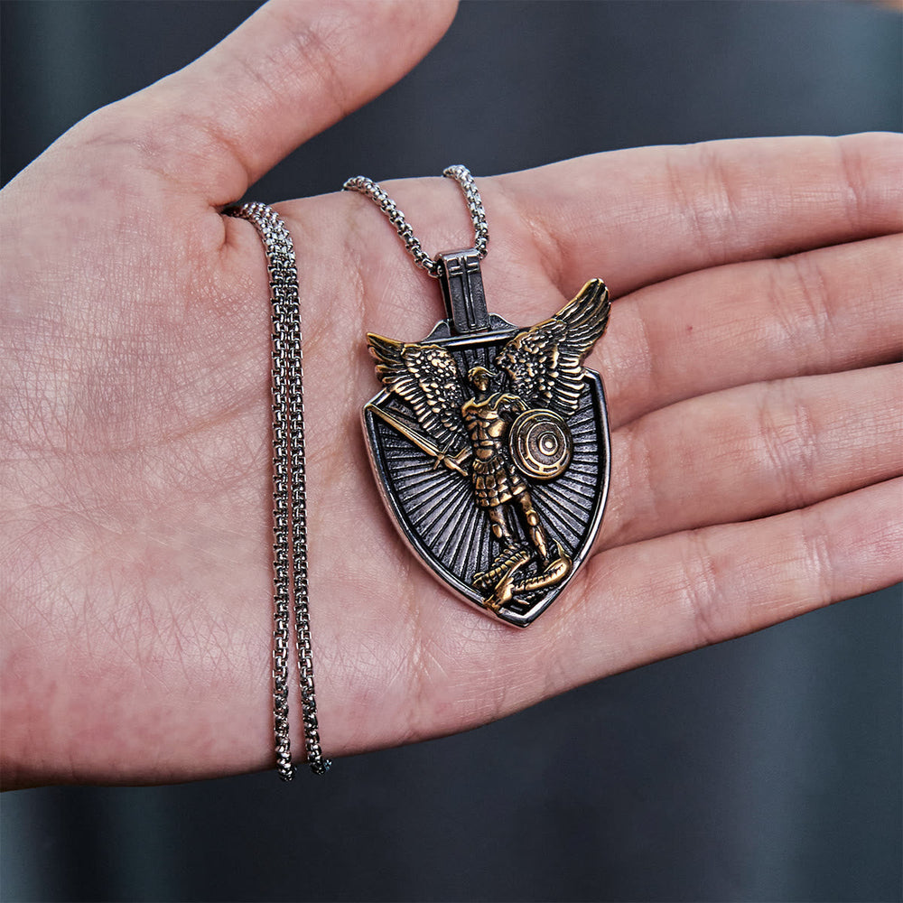 Vintage Shield St. Michael the Archangel Stainless Steel Pendant Necklace