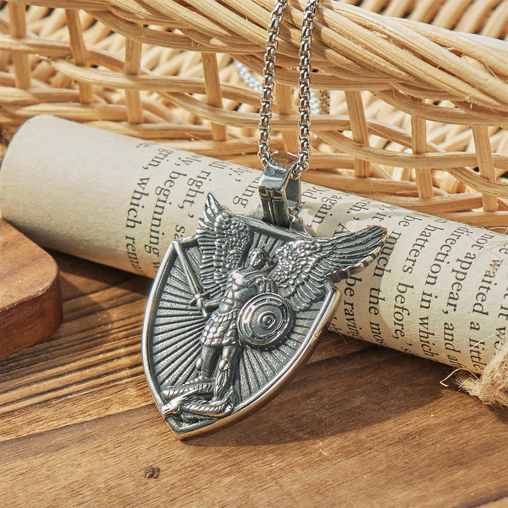 Vintage Shield St. Michael the Archangel Stainless Steel Pendant Necklace