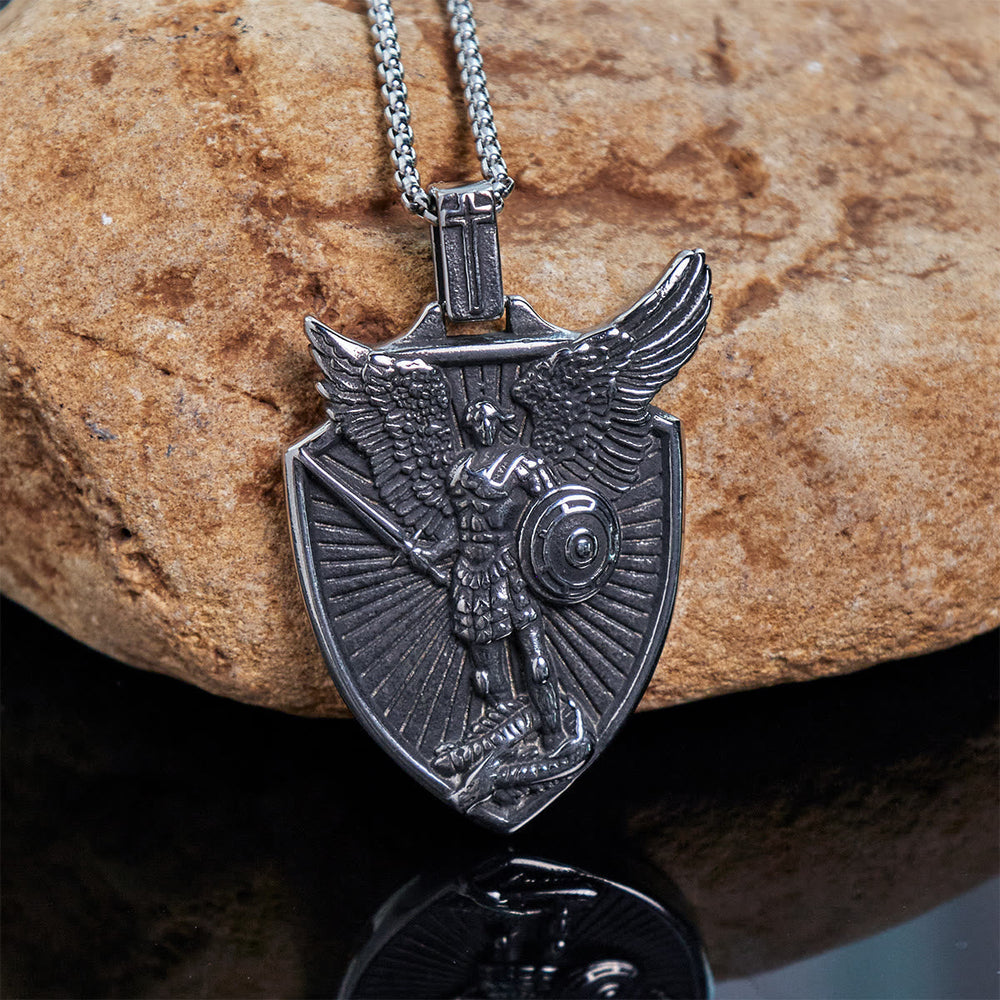 Vintage Shield St. Michael the Archangel Stainless Steel Pendant Necklace