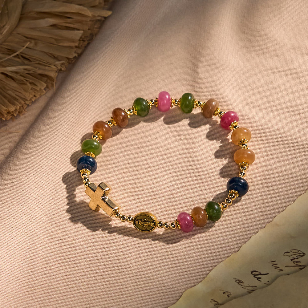 Tourmaline Abacus Beads Bracelet Featuring Cross and Miraculous Medal