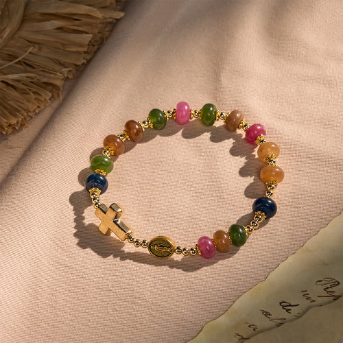 Tourmaline Abacus Beads Bracelet Featuring Cross and Miraculous Medal