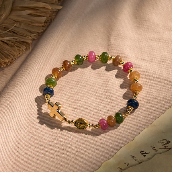 Tourmaline Abacus Beads Bracelet Featuring Cross and Miraculous Medal