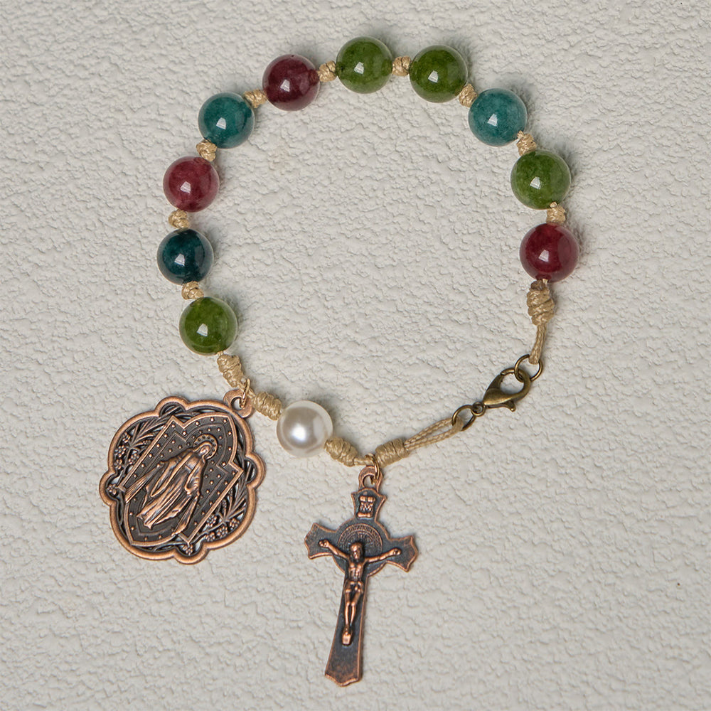 10mm Natural Tourmaline Agate Bracelets with Miraculous Medal & Crucifix