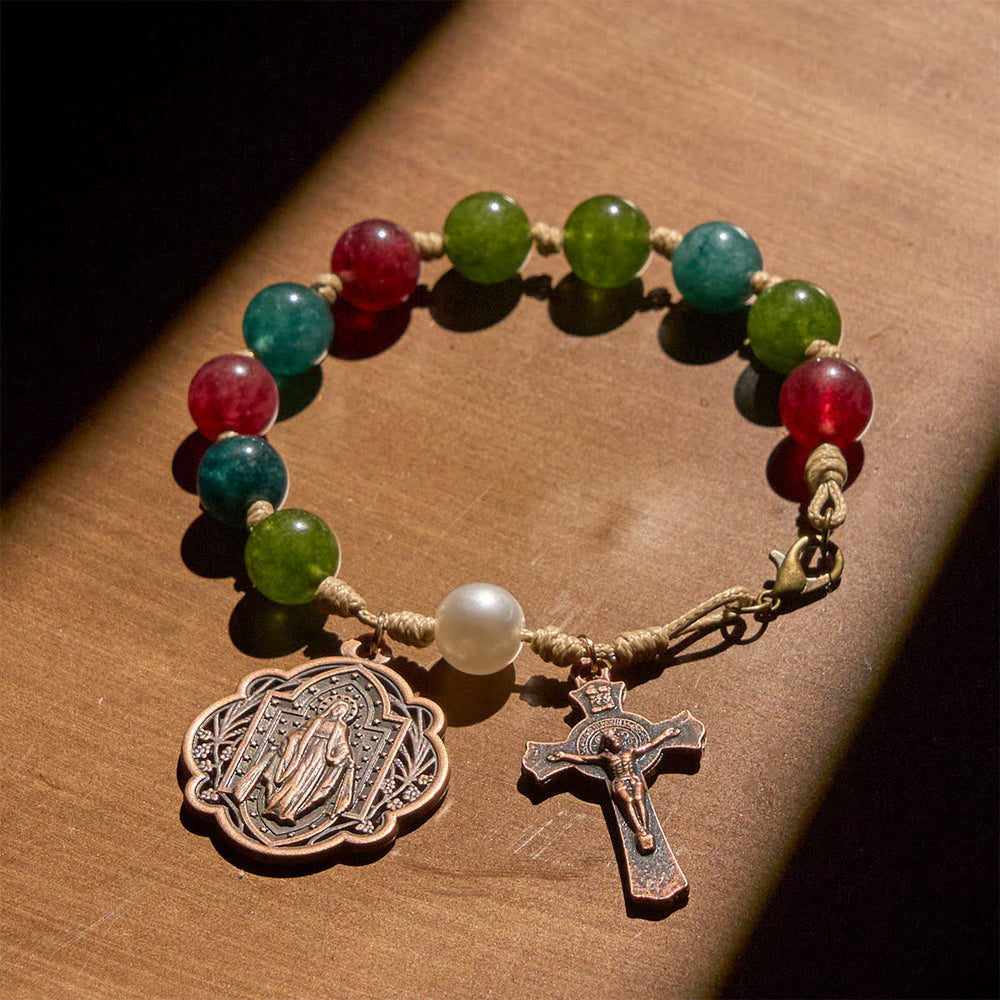 10mm Natural Tourmaline Agate Bracelets with Miraculous Medal & Crucifix