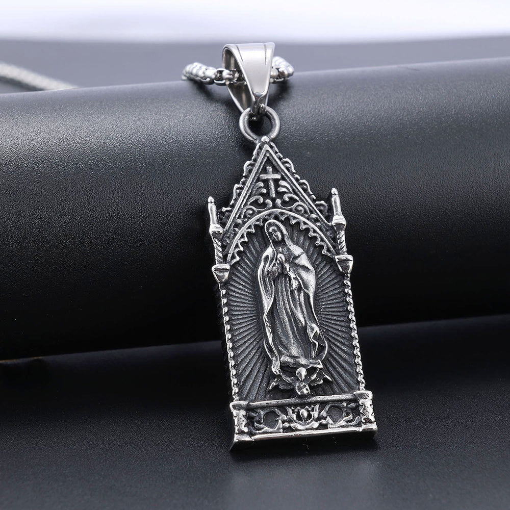 Antique Silver Virgin Mary Necklace in Gothic Cathedral Frame