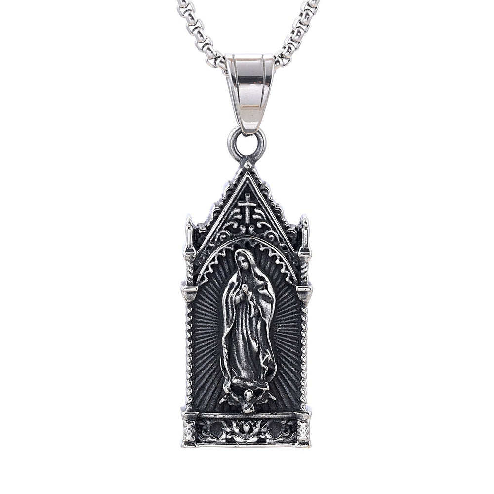 Antique Silver Virgin Mary Necklace in Gothic Cathedral Frame