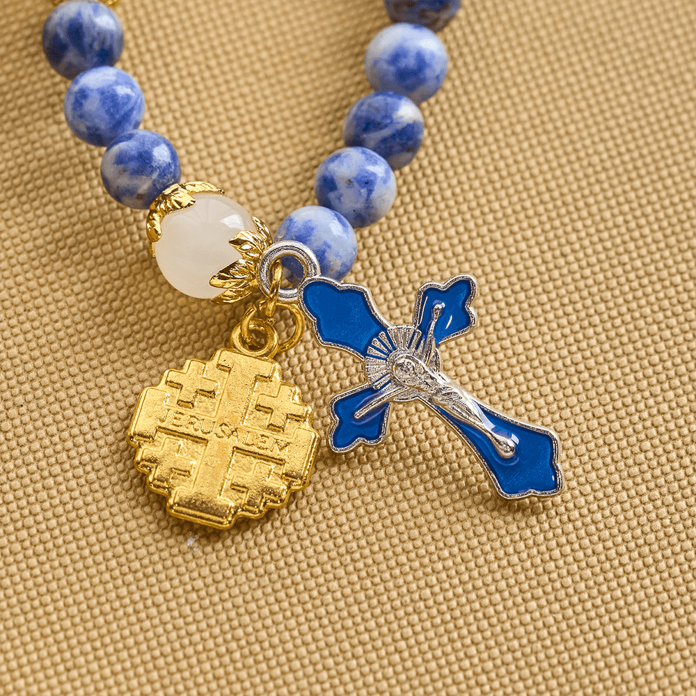 Artisanal Elastic 4mm Blue Stone Rosary Bracelet with Crucifix & Jerusalem Cross