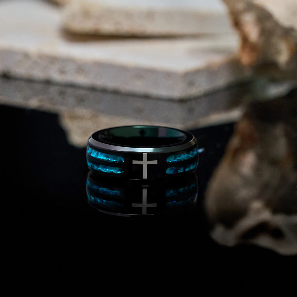 Modern Titanium Steel Cross Ring with Laser Blue Inlay