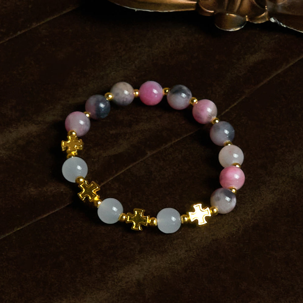 Graceful 8mm Persian Pink & Black Jade Beads Bracelet with Ancient Cross