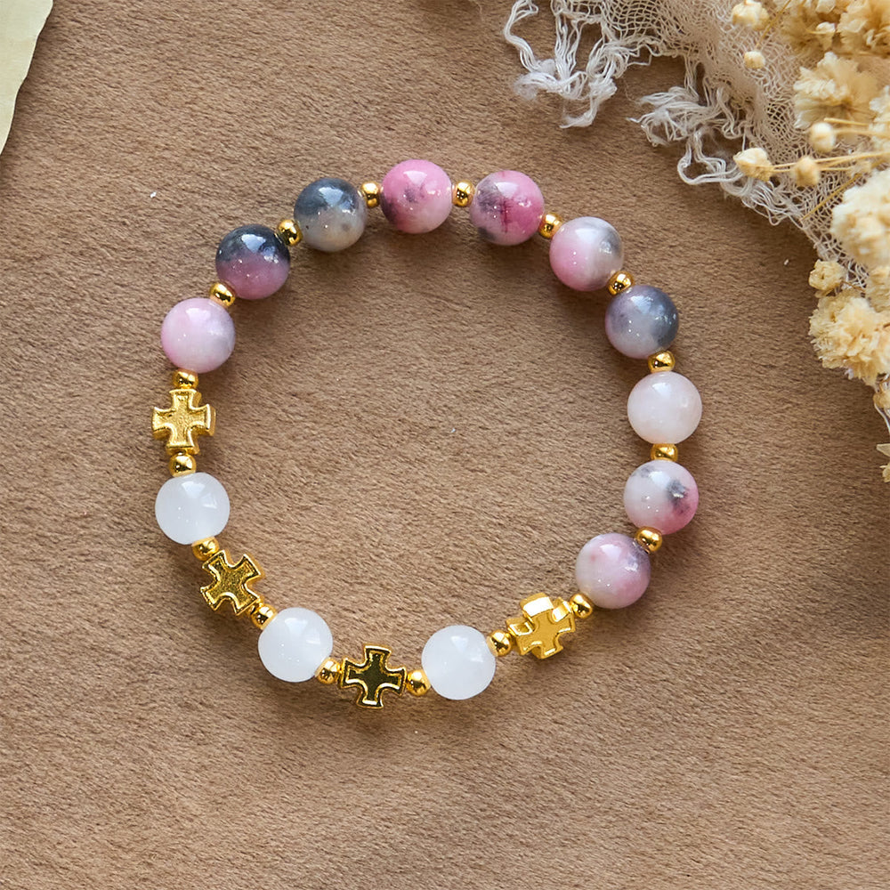 Graceful 8mm Persian Pink & Black Jade Beads Bracelet with Ancient Cross