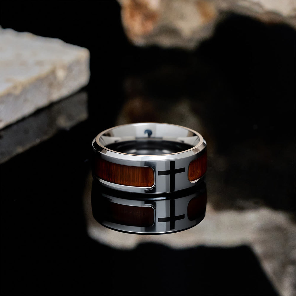 Modern Sleek Cross Ring with Wooden Detail
