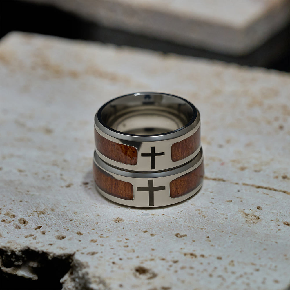 Modern Sleek Cross Ring with Wooden Detail