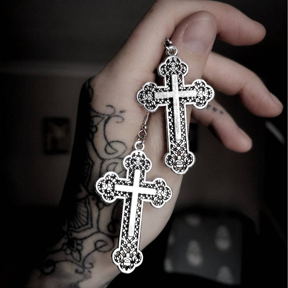Vintage Filigree Cross Drop Earrings