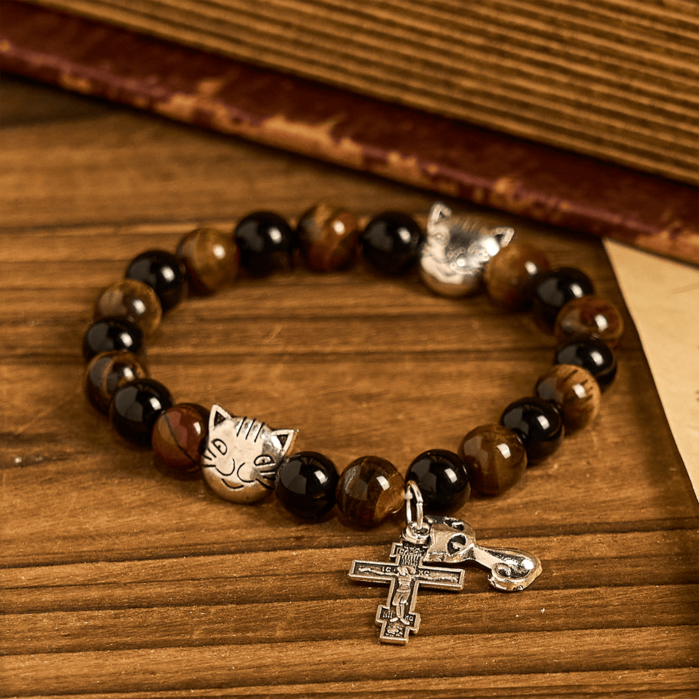 Faithful Tabby Cat with Brown Black Beads for Loving Prayer Animal Bracelet
