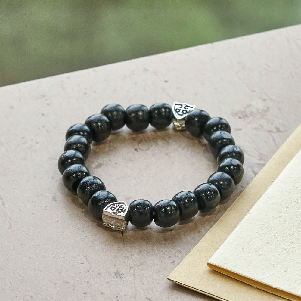 Black Wooden Prayer Handmade Bracelet with Dual Jerusalem Cross Shields