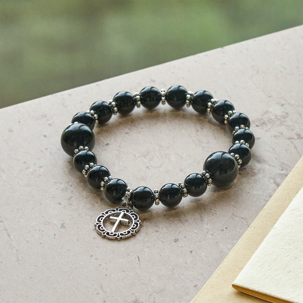 Pulseira Cruz com Berloque de Obsidiana Moderno