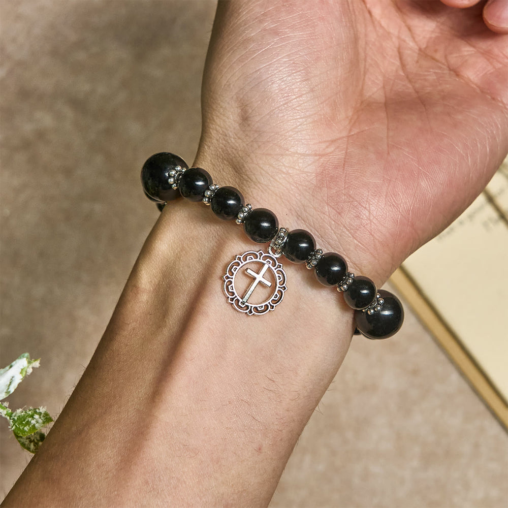 Pulseira Cruz com Berloque de Obsidiana Moderno