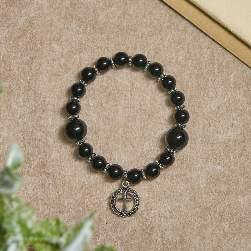Pulseira Cruz com Berloque de Obsidiana Moderno