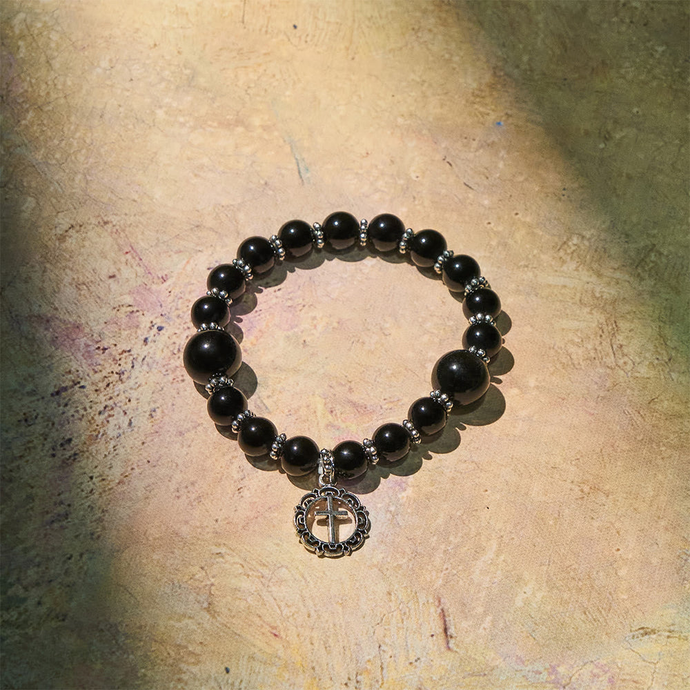 Pulseira Cruz com Berloque de Obsidiana Moderno