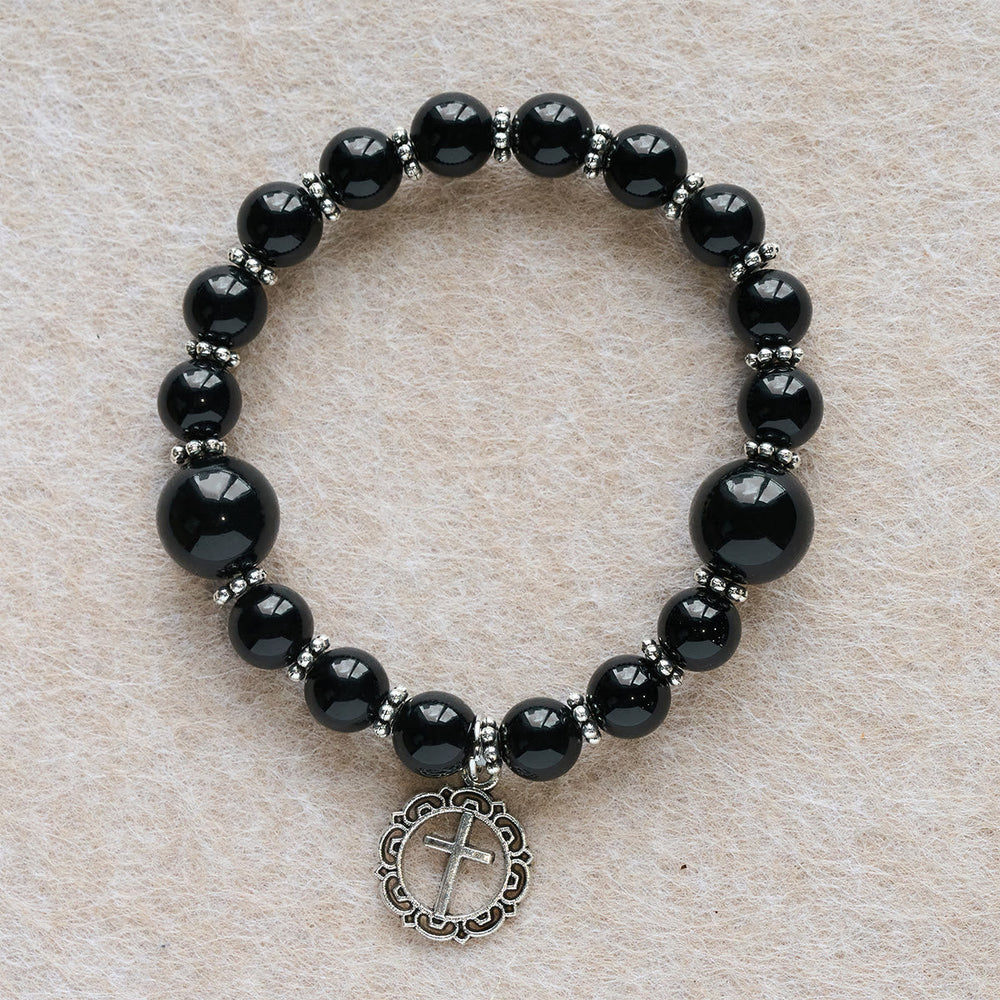 Pulseira Cruz com Berloque de Obsidiana Moderno