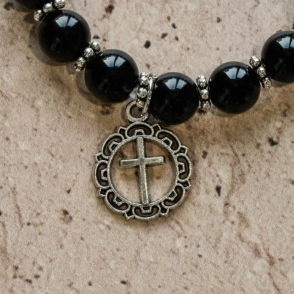 Pulseira Cruz com Berloque de Obsidiana Moderno