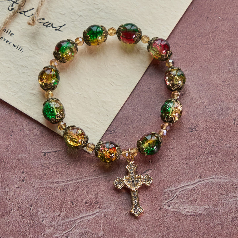 Christmas Glory Red-Green-Gold Glass Bead Bracelet