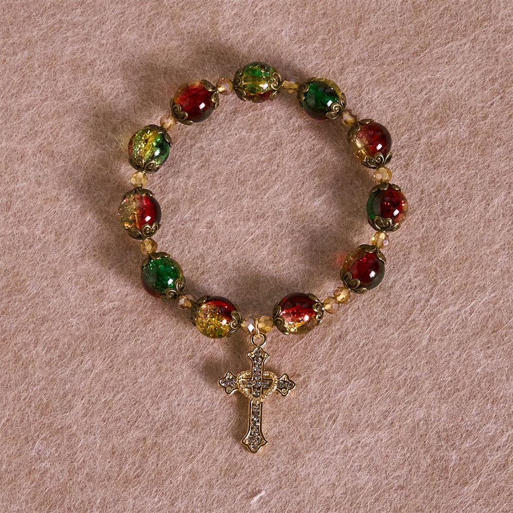 Christmas Glory Red-Green-Gold Glass Bead Bracelet