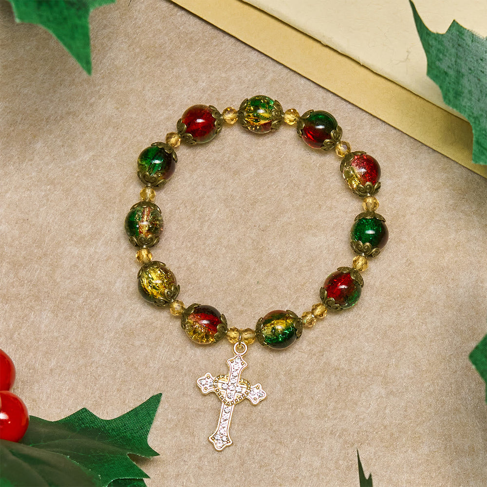 Christmas Glory Red-Green-Gold Glass Bead Bracelet